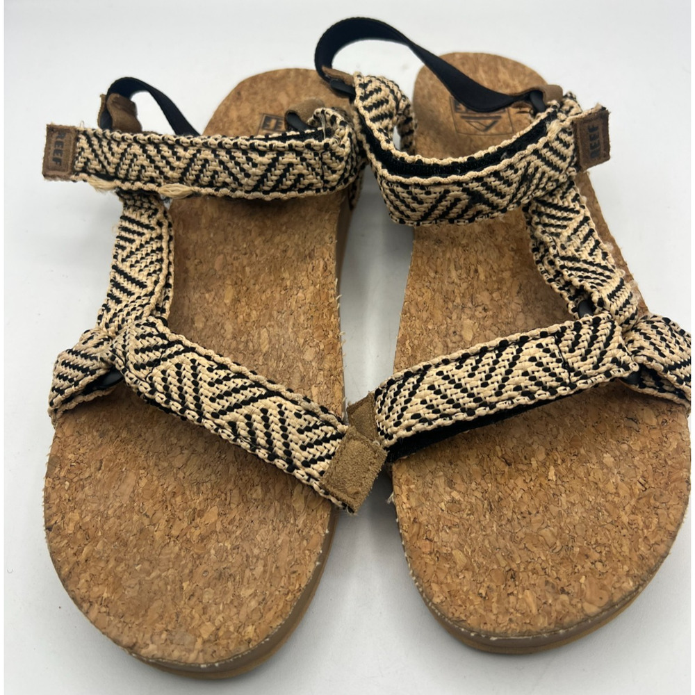 Reef Womens Size 10 Strappy Sandals Black Tan Woven Cork Footbed Adjustable - Picture 7 of 8